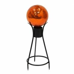 ACHLA DESIGNS 6 in. Dia Round Mandarin Orange Crackle Glass Decorative Gazing Globe with Black Wrought Iron Stand