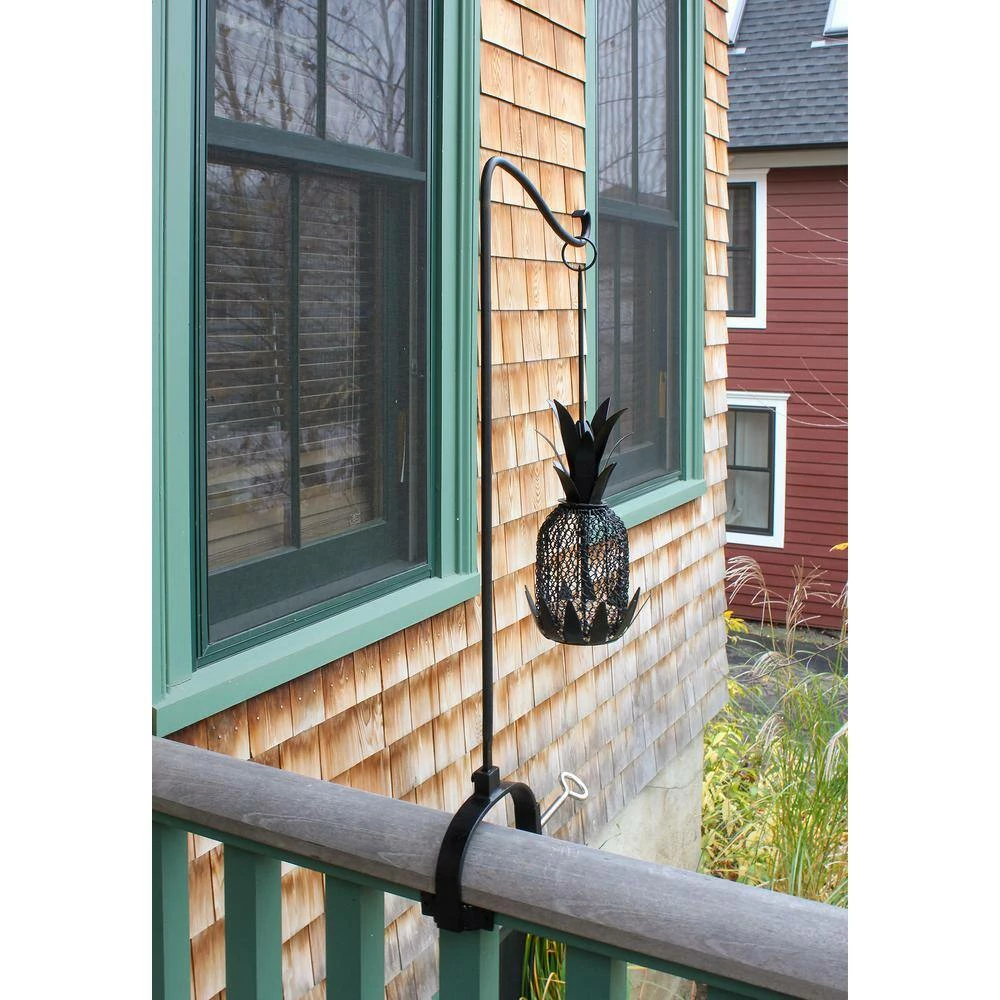 ACHLA DESIGNS 28.3 in. Tall Black Powder Coated Wrought Iron Shepherd's Hook w/Over Railing Bracket - Image 3
