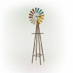 Alpine Corporation 92 in. Tall Multicolor Outdoor Metal Windmill Spinner Garden Stake and Plant Stand Yard Decoration