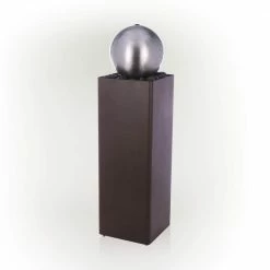 Alpine Corporation 37 in. H Indoor/Outdoor Metal Orb Fountain with River Rock Stones, Brown/Silver