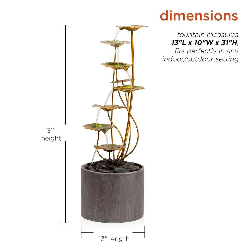 Alpine Corporation 31 in. Tall Indoor/Outdoor Multi-Tiered Lily Pads Metal Fountain with Stones - Image 3