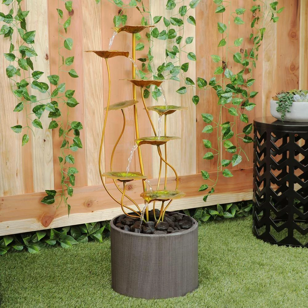 Alpine Corporation 31 in. Tall Indoor/Outdoor Multi-Tiered Lily Pads Metal Fountain with Stones - Image 2