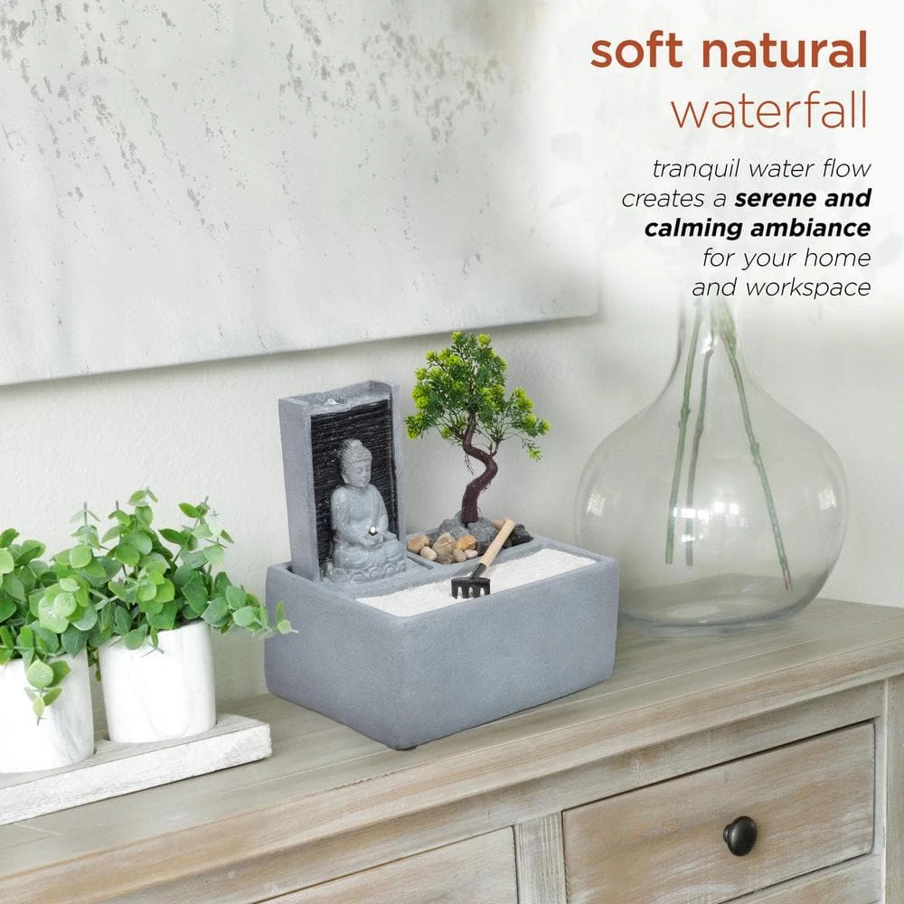 Alpine Corporation 13 in. Tall Buddha Zen Garden Tabletop Waterfall Fountain with LED Light, Gray - Image 5