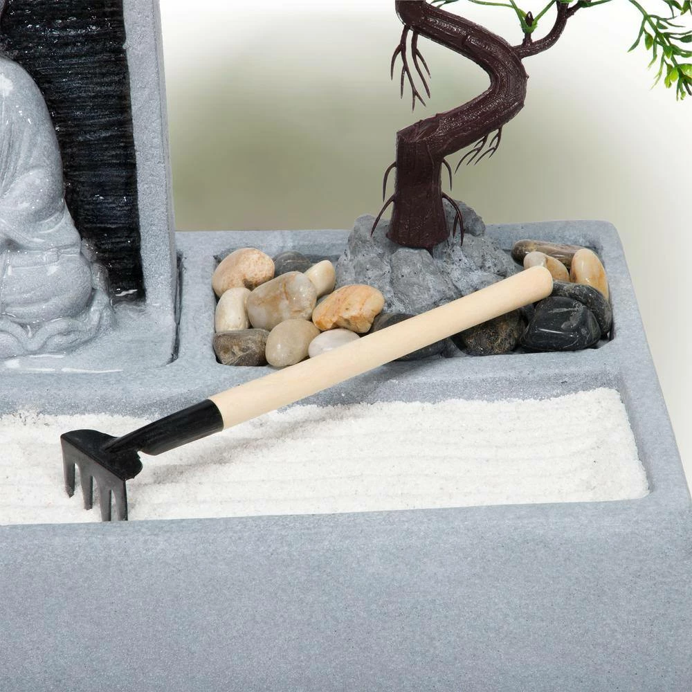 Alpine Corporation 13 in. Tall Buddha Zen Garden Tabletop Waterfall Fountain with LED Light, Gray - Image 10