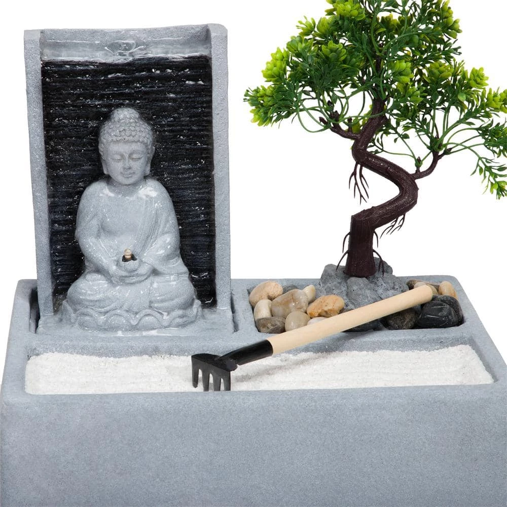 Alpine Corporation 13 in. Tall Buddha Zen Garden Tabletop Waterfall Fountain with LED Light, Gray - Image 11
