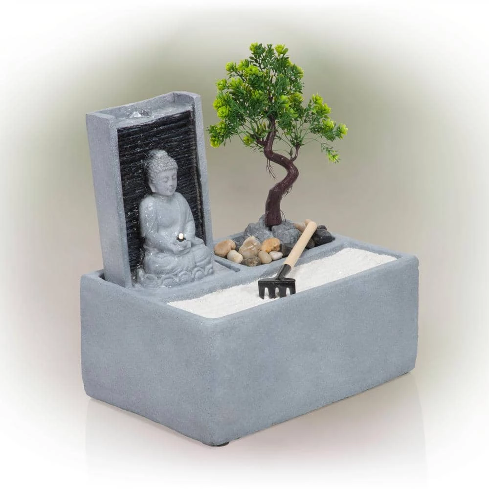 Alpine Corporation 13 in. Tall Buddha Zen Garden Tabletop Waterfall Fountain with LED Light, Gray - Image 9