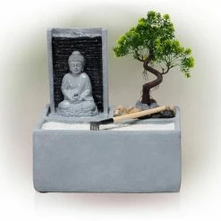 Alpine Corporation 13 in. Tall Buddha Zen Garden Tabletop Waterfall Fountain with LED Light, Gray