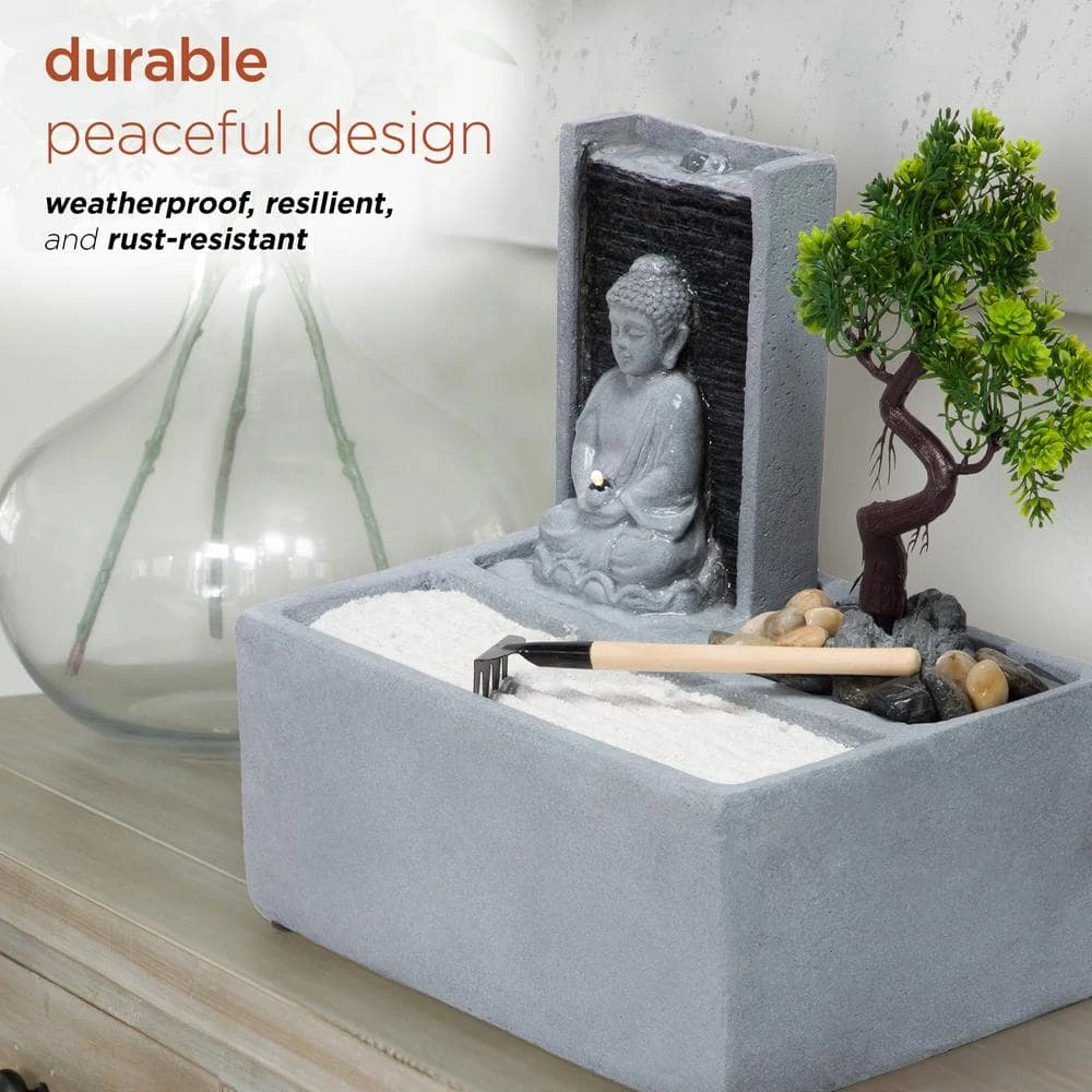 Alpine Corporation 13 in. Tall Buddha Zen Garden Tabletop Waterfall Fountain with LED Light, Gray - Image 6
