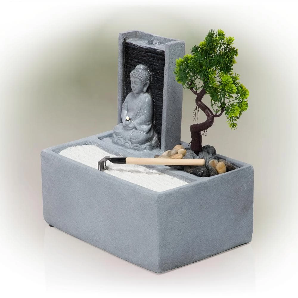 Alpine Corporation 13 in. Tall Buddha Zen Garden Tabletop Waterfall Fountain with LED Light, Gray - Image 8