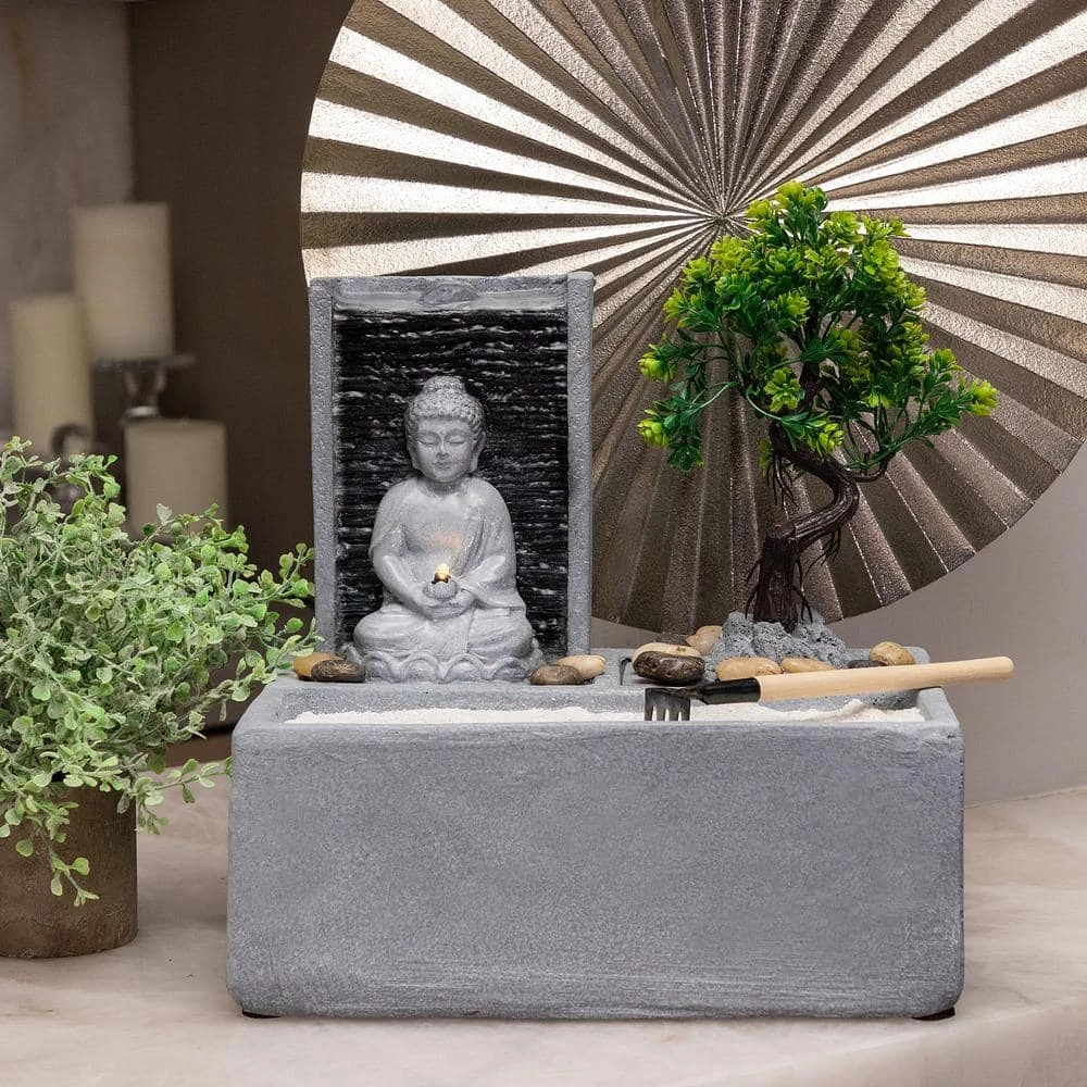 Alpine Corporation 13 in. Tall Buddha Zen Garden Tabletop Waterfall Fountain with LED Light, Gray - Image 2
