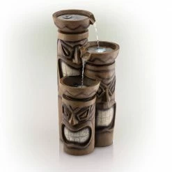 Alpine Corporation 29 in. Tall Outdoor 3-Tier Tiki Head Water Fountain Yard Decor