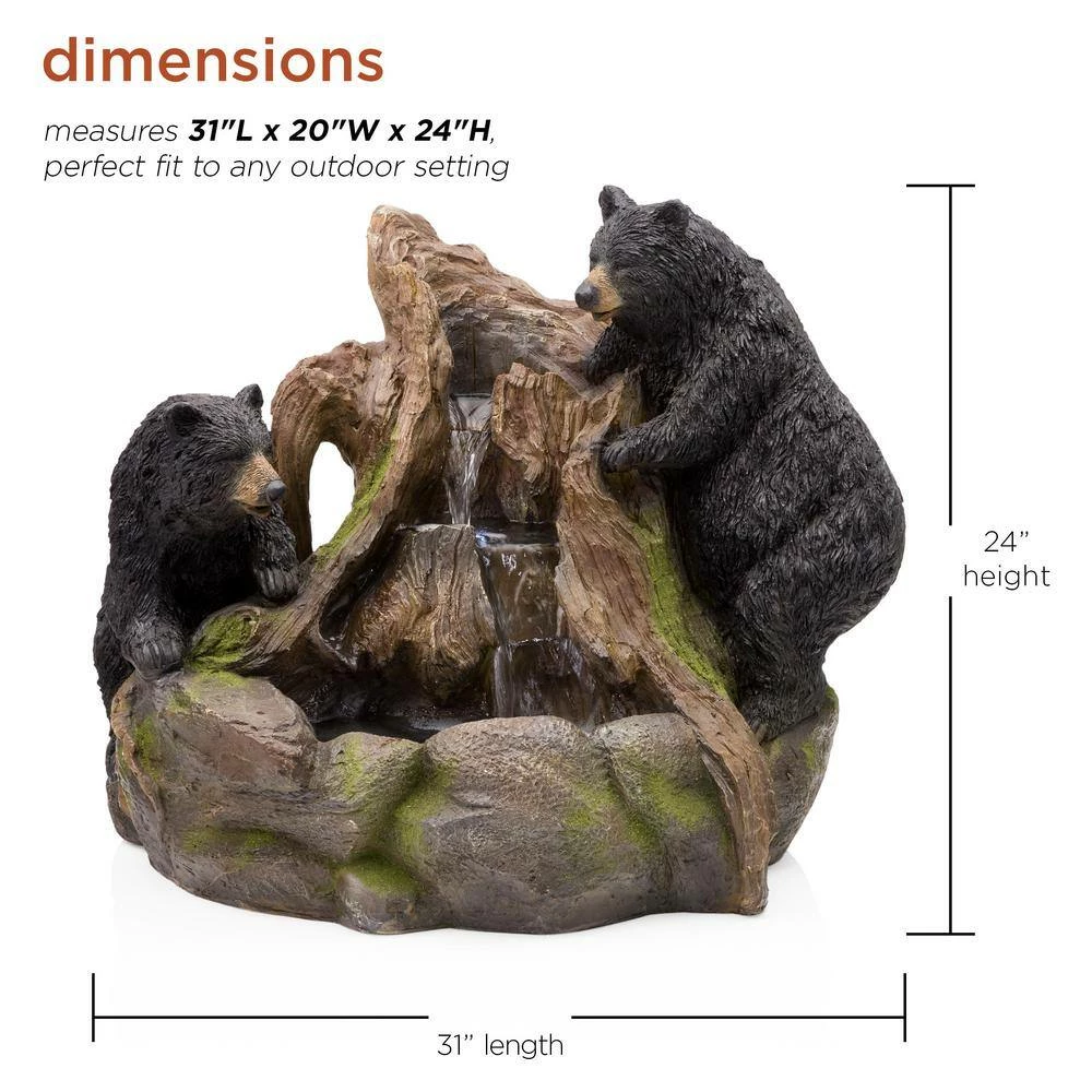 Alpine Corporation 24 in. Tall Outdoor 2 Bears Climbing on Rainforest Water Fountain with LED Lights - Image 3