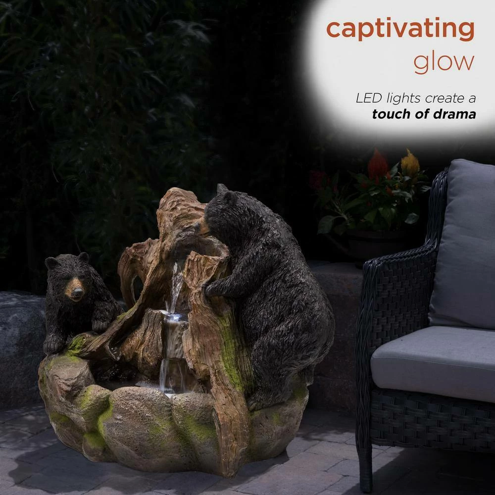 Alpine Corporation 24 in. Tall Outdoor 2 Bears Climbing on Rainforest Water Fountain with LED Lights - Image 6