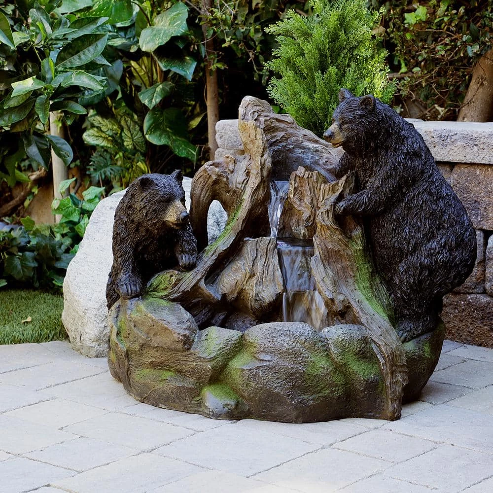 Alpine Corporation 24 in. Tall Outdoor 2 Bears Climbing on Rainforest Water Fountain with LED Lights - Image 2