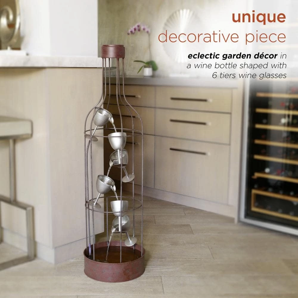 Alpine Corporation 44 in. Tall Indoor/Outdoor Bottle Shaped Water Fountain with Tiering Wine Glasses - Image 4