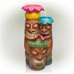 Alpine Corporation 35 in. Tall Outdoor 3-Tier Tiki Head Waterfall Fountain Yard Art Decor, Multicolor