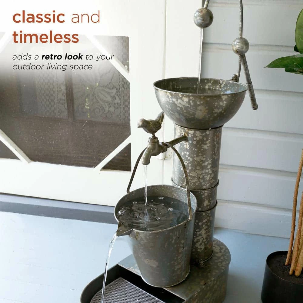 Alpine Corporation 34 in. Tall Outdoor 3-Tier Rustic Metal Water Pump Fountain - Image 5