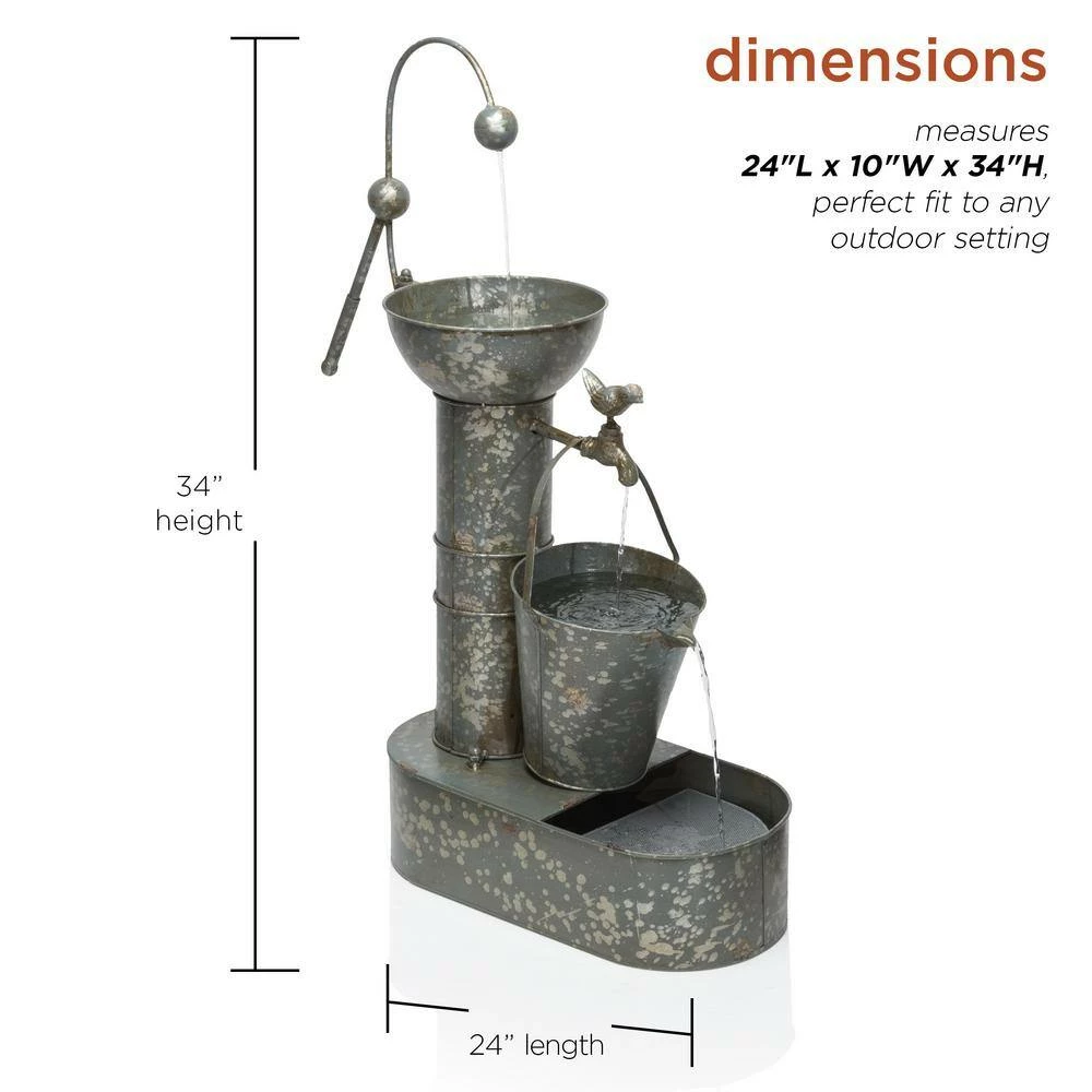Alpine Corporation 34 in. Tall Outdoor 3-Tier Rustic Metal Water Pump Fountain - Image 3