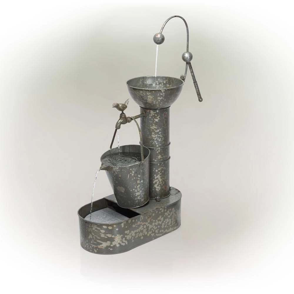 Alpine Corporation 34 in. Tall Outdoor 3-Tier Rustic Metal Water Pump Fountain - Image 8