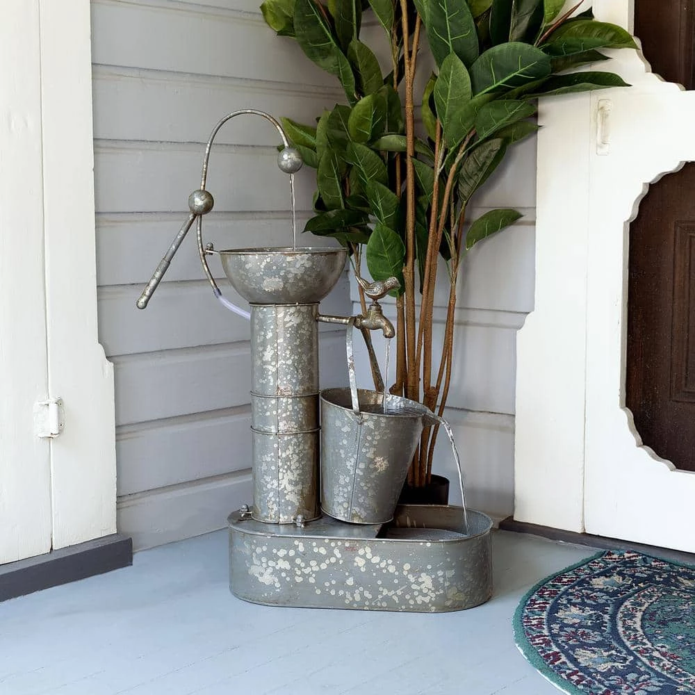 Alpine Corporation 34 in. Tall Outdoor 3-Tier Rustic Metal Water Pump Fountain - Image 2