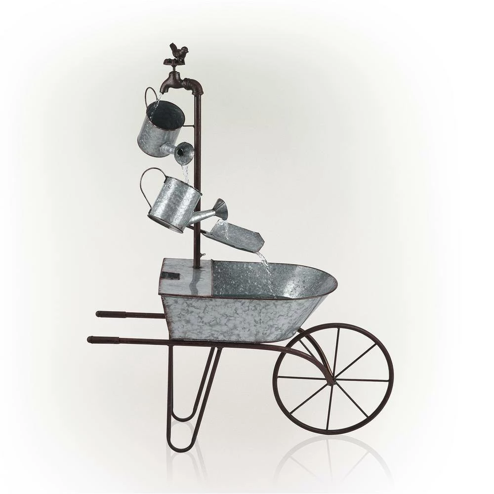 Alpine Corporation 36 in. Tall Rustic Wheelbarrow and Watering Can Fountain Yard Decoration - Image 10