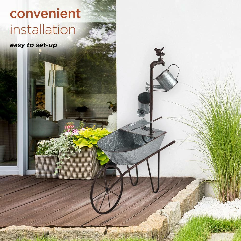 Alpine Corporation 36 in. Tall Rustic Wheelbarrow and Watering Can Fountain Yard Decoration - Image 14