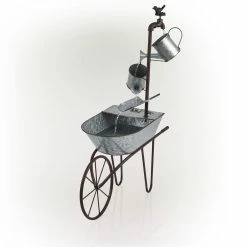 Alpine Corporation 36 in. Tall Rustic Wheelbarrow and Watering Can Fountain Yard Decoration
