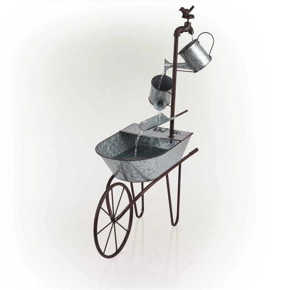Alpine Corporation 36 in. Tall Rustic Wheelbarrow and Watering Can Fountain Yard Decoration