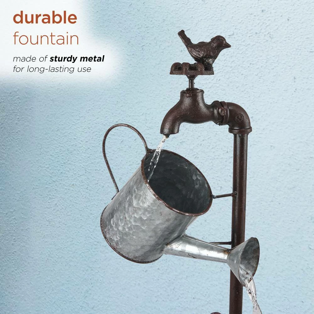 Alpine Corporation 36 in. Tall Rustic Wheelbarrow and Watering Can Fountain Yard Decoration - Image 7