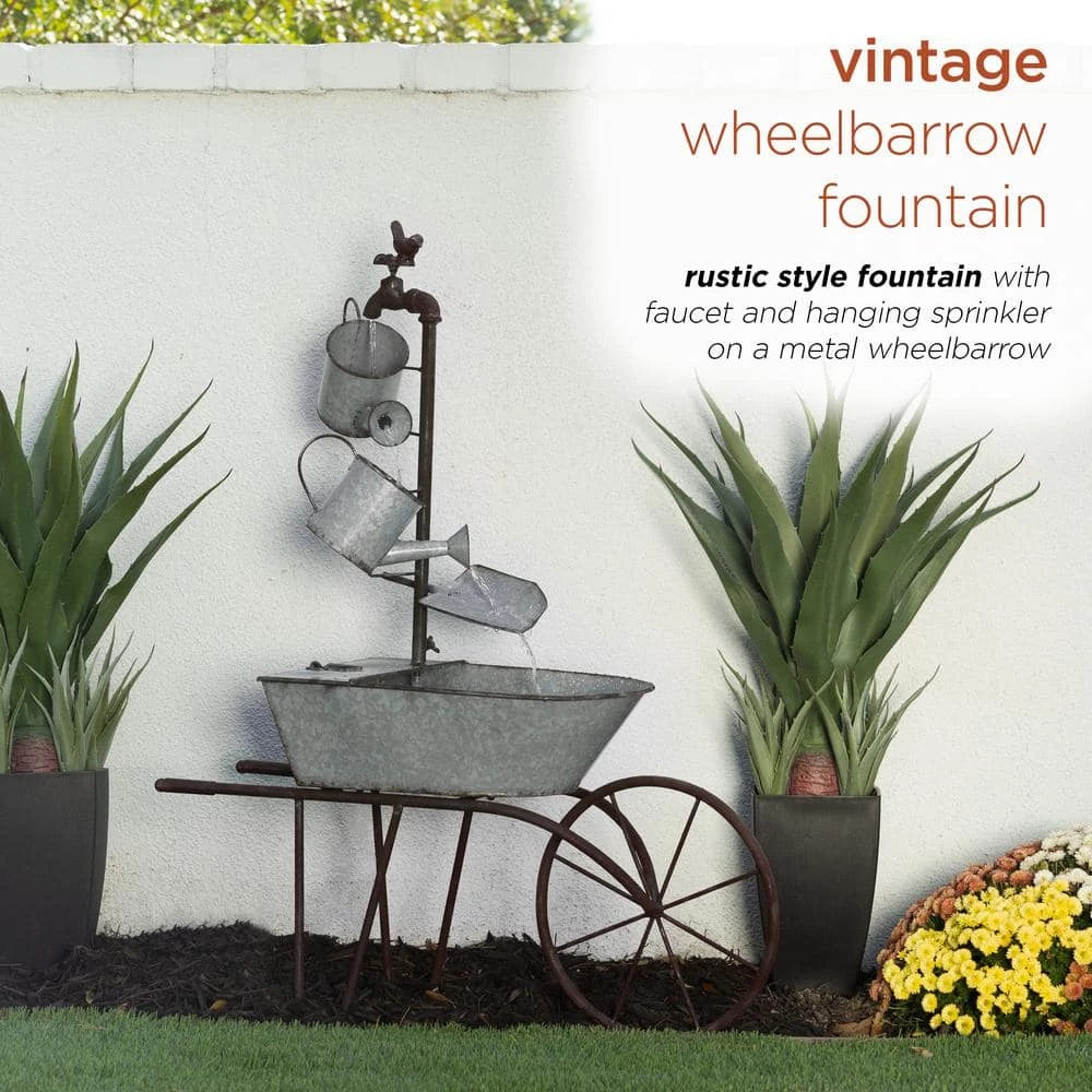 Alpine Corporation 36 in. Tall Rustic Wheelbarrow and Watering Can Fountain Yard Decoration - Image 4