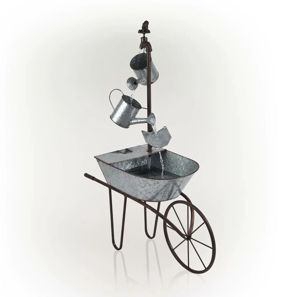 Alpine Corporation 36 in. Tall Rustic Wheelbarrow and Watering Can Fountain Yard Decoration - Image 8