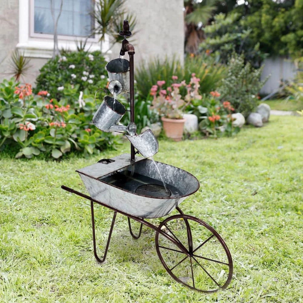 Alpine Corporation 36 in. Tall Rustic Wheelbarrow and Watering Can Fountain Yard Decoration - Image 2