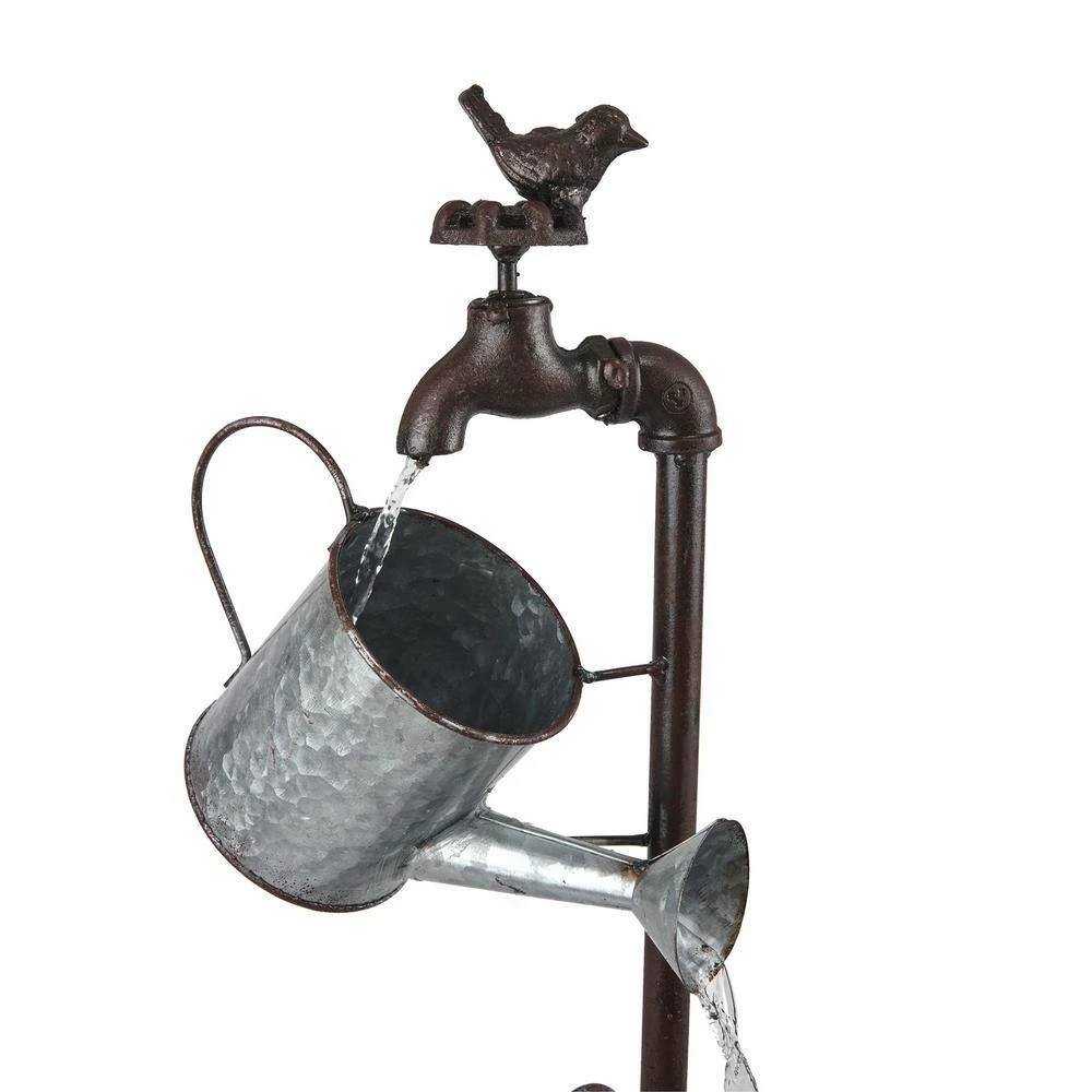Alpine Corporation 36 in. Tall Rustic Wheelbarrow and Watering Can Fountain Yard Decoration - Image 12