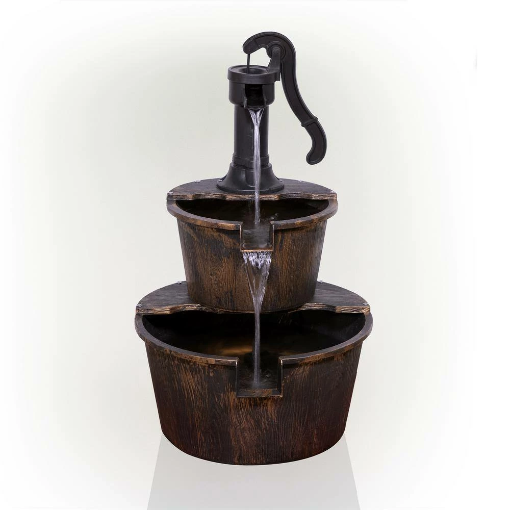 Alpine Corporation 27 in. Tall 2-Tier Barrel and Pump Waterfall Fountain, Bronze Finish - Image 8