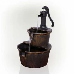 Alpine Corporation 27 in. Tall 2-Tier Barrel and Pump Waterfall Fountain, Bronze Finish