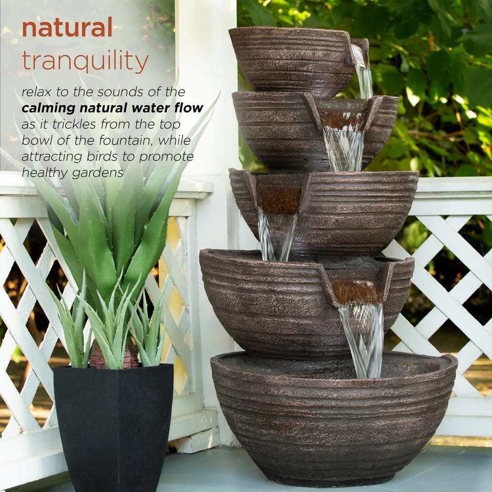 Alpine Corporation 34 in. Tall Outdoor 5-Tier Modern Bowl Cascading Waterfall Fountain with LED Lights - Image 5