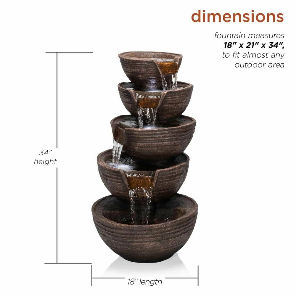 Alpine Corporation 34 in. Tall Outdoor 5-Tier Modern Bowl Cascading Waterfall Fountain with LED Lights - Image 3