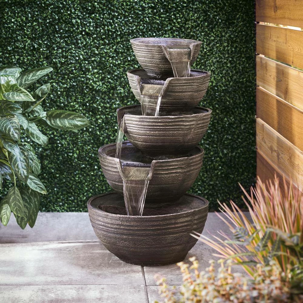 Alpine Corporation 34 in. Tall Outdoor 5-Tier Modern Bowl Cascading Waterfall Fountain with LED Lights - Image 11