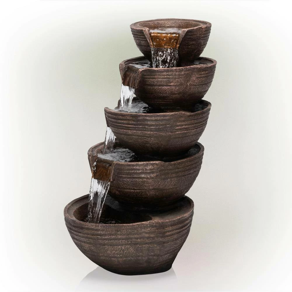 Alpine Corporation 34 in. Tall Outdoor 5-Tier Modern Bowl Cascading Waterfall Fountain with LED Lights - Image 9