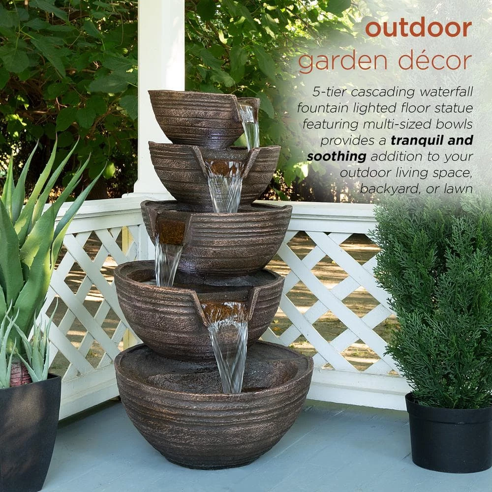 Alpine Corporation 34 in. Tall Outdoor 5-Tier Modern Bowl Cascading Waterfall Fountain with LED Lights - Image 4