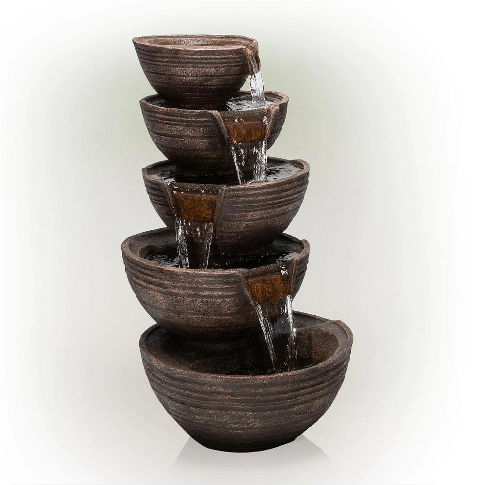 Alpine Corporation 34 in. Tall Outdoor 5-Tier Modern Bowl Cascading Waterfall Fountain with LED Lights - Image 8