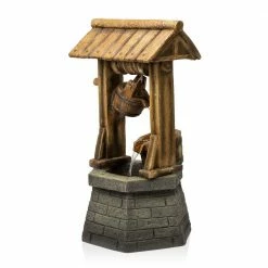 Alpine Corporation 32 in. Tall Vintage Water Well with Barrels Yard Fountain with LED, Brown/Gray