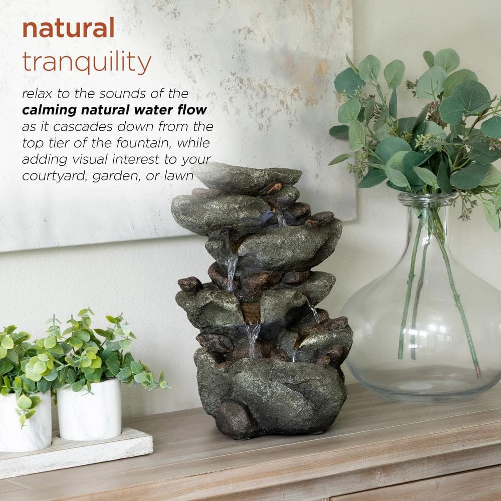Alpine Corporation 14 in. Tall Indoor/Outdoor Tiering Rainforest Rock Waterfall Tabletop Fountain with LED Lights - Image 4