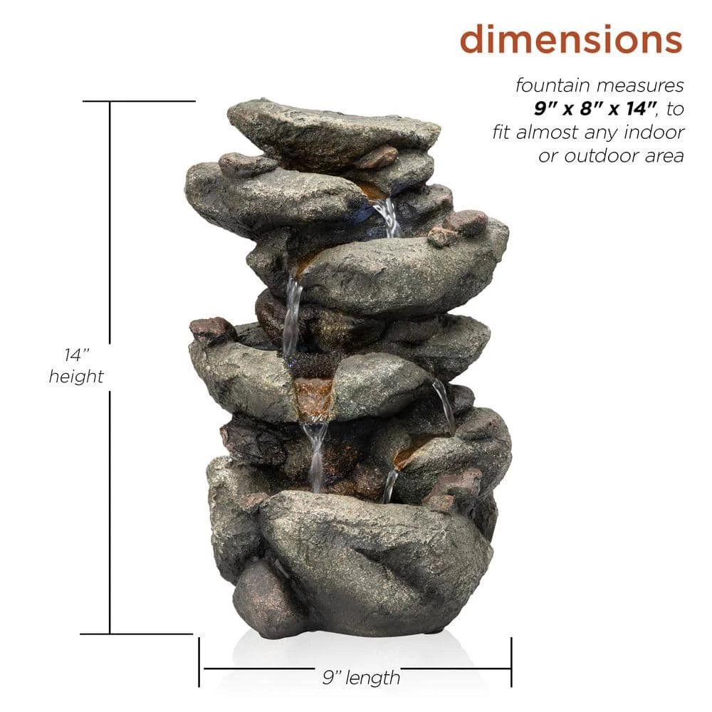 Alpine Corporation 14 in. Tall Indoor/Outdoor Tiering Rainforest Rock Waterfall Tabletop Fountain with LED Lights - Image 2