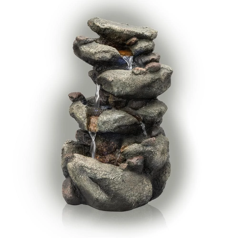 Alpine Corporation 14 in. Tall Indoor/Outdoor Tiering Rainforest Rock Waterfall Tabletop Fountain with LED Lights - Image 8