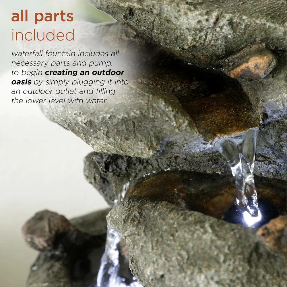 Alpine Corporation 14 in. Tall Indoor/Outdoor Tiering Rainforest Rock Waterfall Tabletop Fountain with LED Lights - Image 6