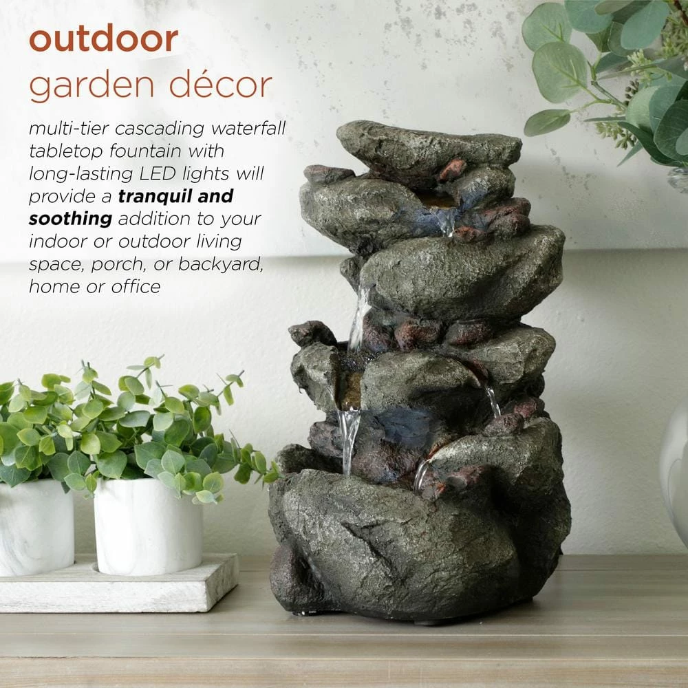 Alpine Corporation 14 in. Tall Indoor/Outdoor Tiering Rainforest Rock Waterfall Tabletop Fountain with LED Lights - Image 3