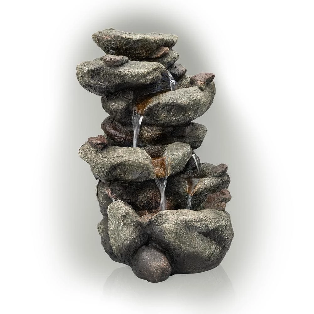 Alpine Corporation 14 in. Tall Indoor/Outdoor Tiering Rainforest Rock Waterfall Tabletop Fountain with LED Lights - Image 7