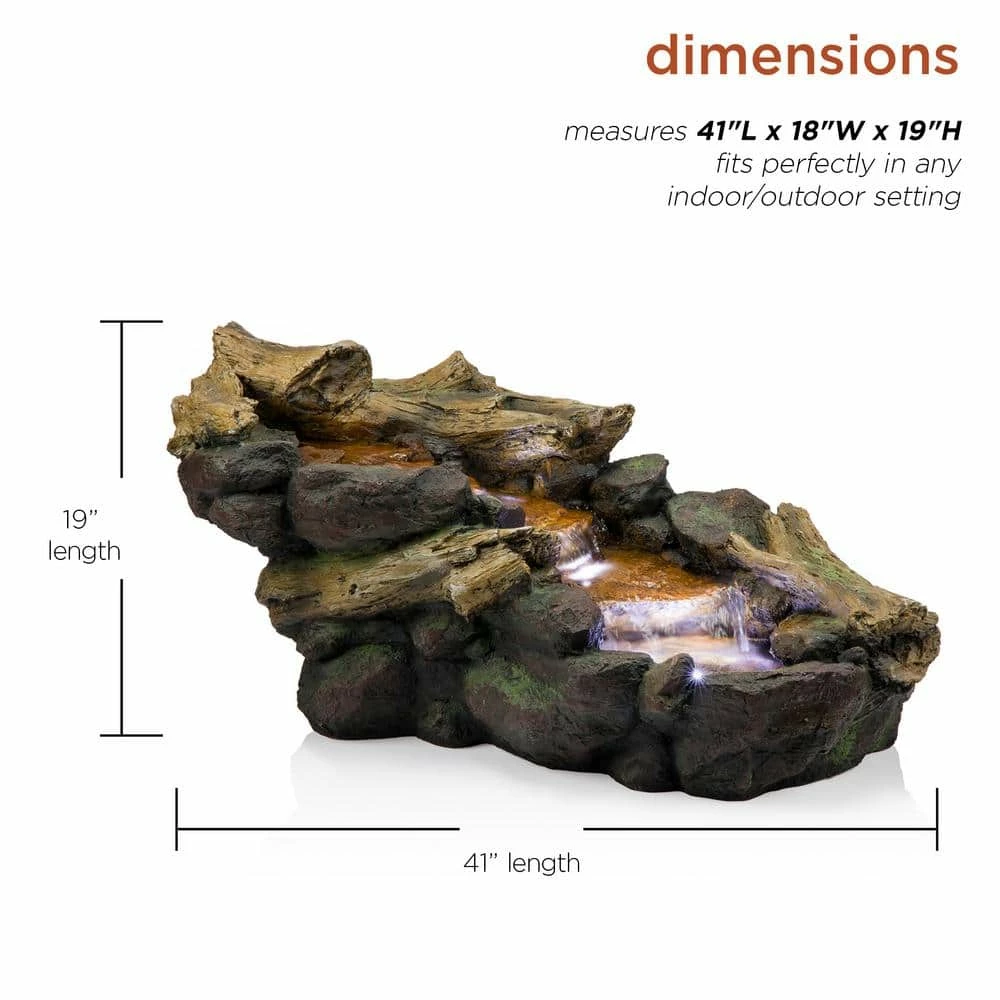Alpine Corporation 19 in. Tall Indoor/Outdoor River Rock and Log Fountain with LED Lights - Image 3