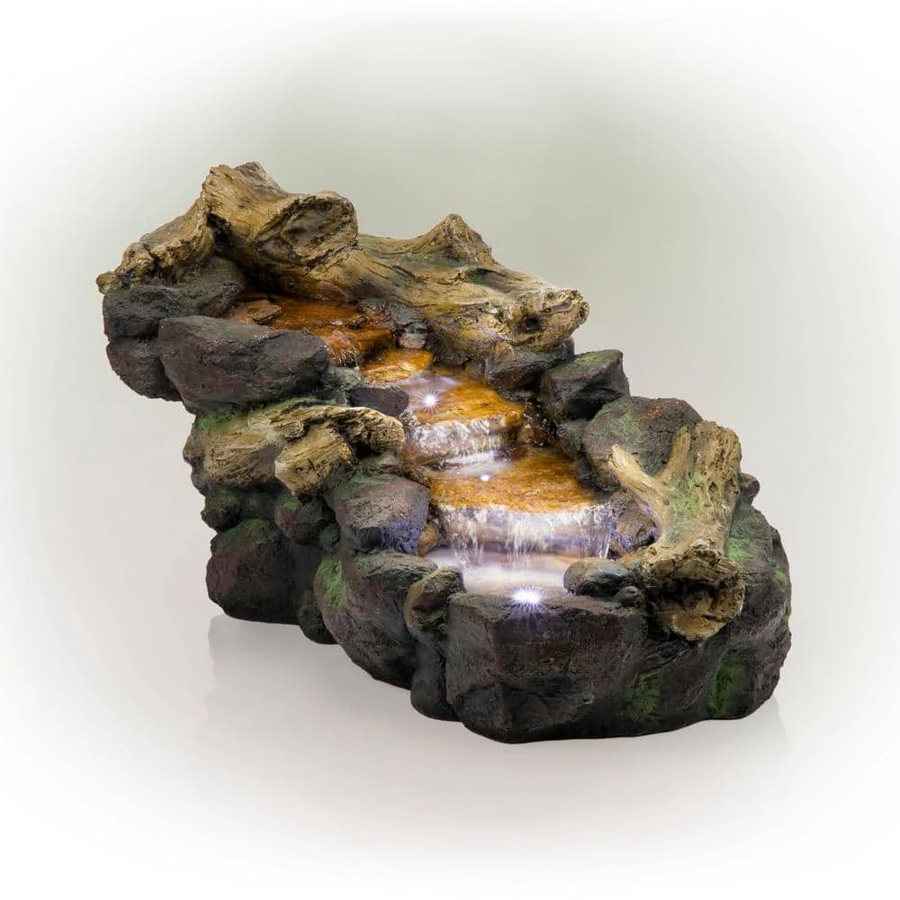 Alpine Corporation 19 in. Tall Indoor/Outdoor River Rock and Log Fountain with LED Lights